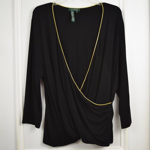 Ralph Lauren Top Women 2X Cross Wrap Front Black Gold Trim Plus Size Balletcore - Picture 1 of 9